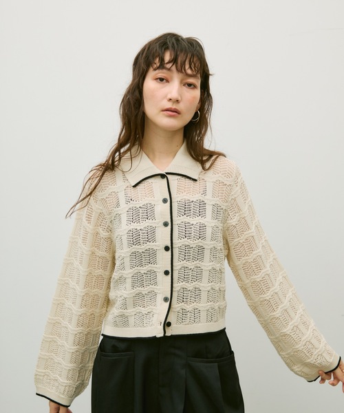 Lutim by u(ルチバイユー)の「Lace panel polo cardigan / レースパネルポロカーディガン(カーディガン/ボレロ・レディース・ブラック/グレイッシュベージュ/ナチュラル・FREE)」の16枚目の写真