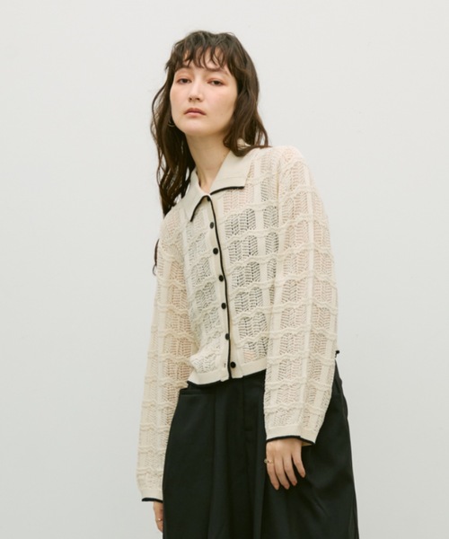 Lutim by u(ルチバイユー)の「Lace panel polo cardigan / レースパネルポロカーディガン(カーディガン/ボレロ・レディース・ブラック/グレイッシュベージュ/ナチュラル・FREE)」の18枚目の写真