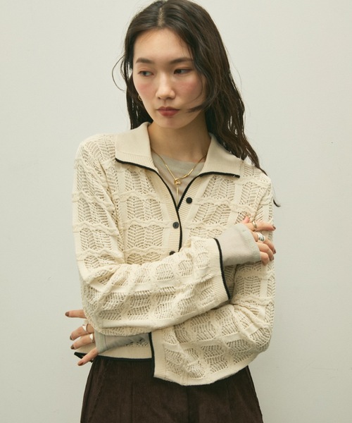 Lutim by u(ルチバイユー)の「Lace panel polo cardigan / レースパネルポロカーディガン(カーディガン/ボレロ・レディース・ブラック/グレイッシュベージュ/ナチュラル・FREE)」の11枚目の写真