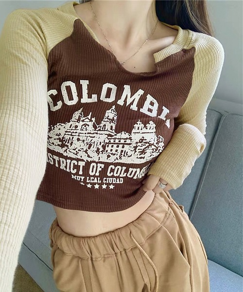 shopnikoniko(ショップニコニコ)の「スリットネック ラグランロングTシャツ(Tシャツ/カットソー・レディース・ブラウン・フリー)」の1枚目の写真