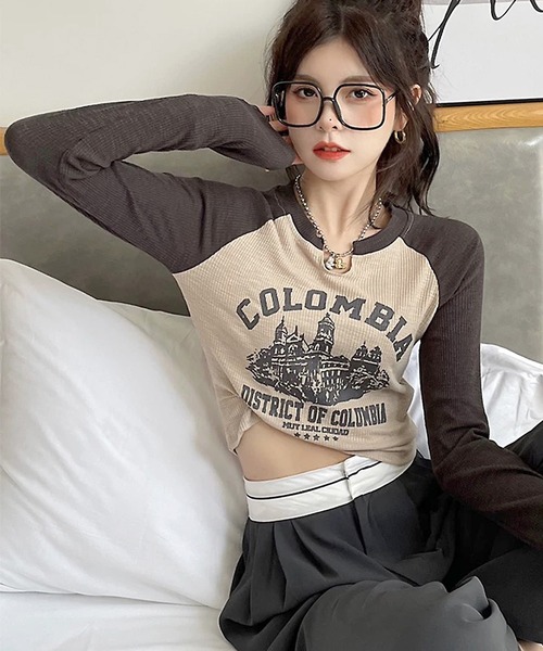shopnikoniko(ショップニコニコ)の「スリットネック ラグランロングTシャツ(Tシャツ/カットソー・レディース・ブラウン・フリー)」の2枚目の写真