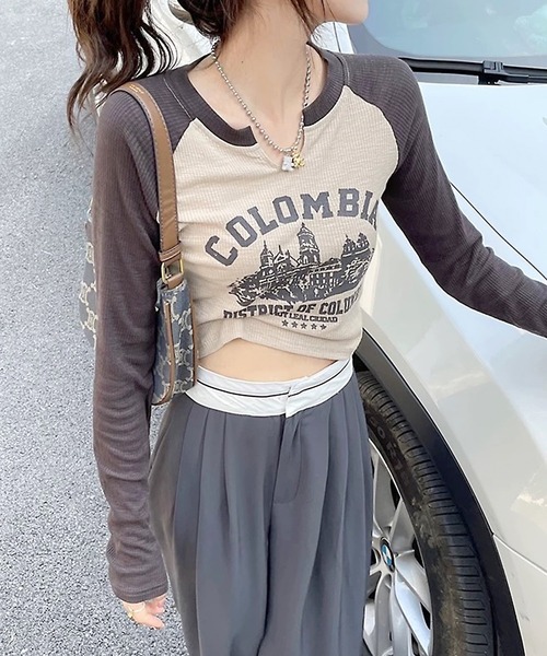 shopnikoniko(ショップニコニコ)の「スリットネック ラグランロングTシャツ(Tシャツ/カットソー・レディース・ブラウン・フリー)」の6枚目の写真
