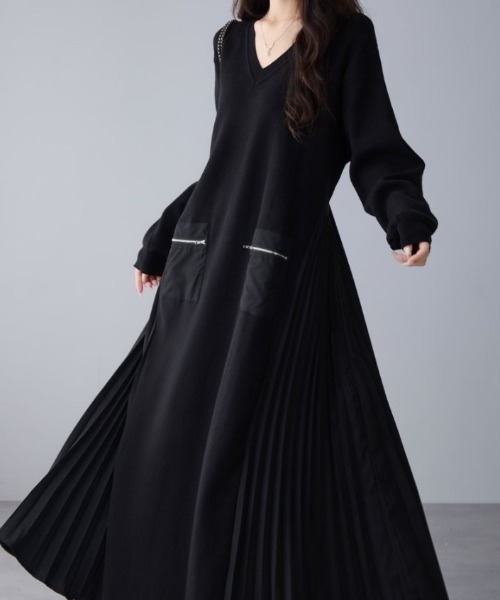 セール】サイドプリーツ異素材ドッキングワンピース（ワンピース