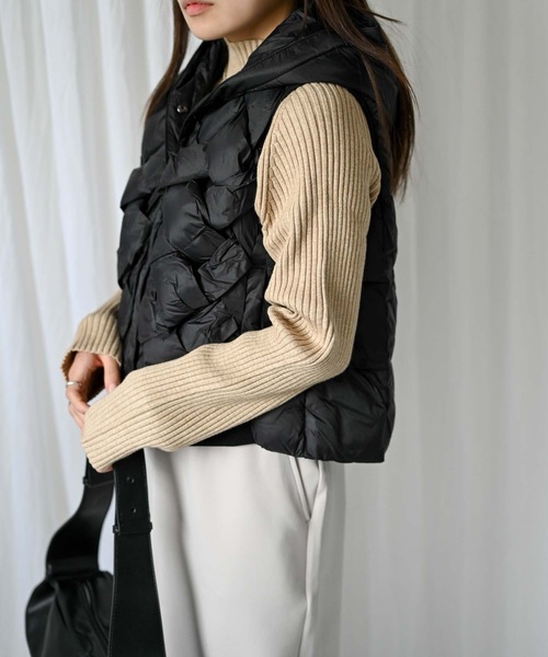 セール】編み込みデザインダウンベスト（ナイロンベスト/フード付き