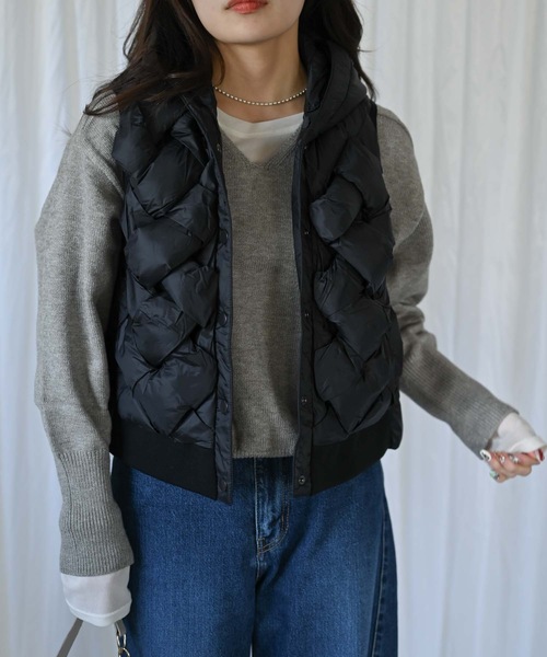 セール】編み込みデザインダウンベスト（ナイロンベスト/フード付き
