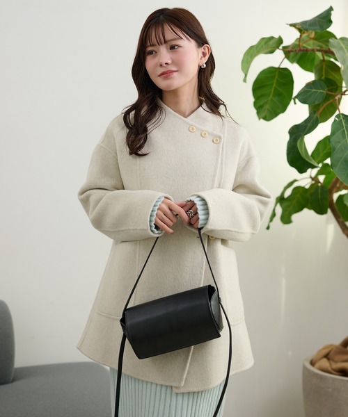 LAULEN(ローレン)の「pastel color cotton wool wrap belted coat /コットンウールラップベルト付きコート(ノーカラーコート・レディース・ベージュ/オートミール/ブルー・FREE)」の3枚目の写真