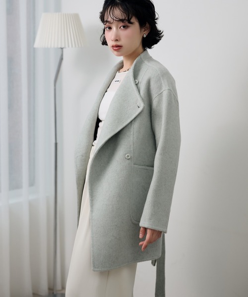 LAULEN(ローレン)の「pastel color cotton wool wrap belted coat /コットンウールラップベルト付きコート(ノーカラーコート・レディース・ベージュ/オートミール/ブルー・FREE)」の4枚目の写真