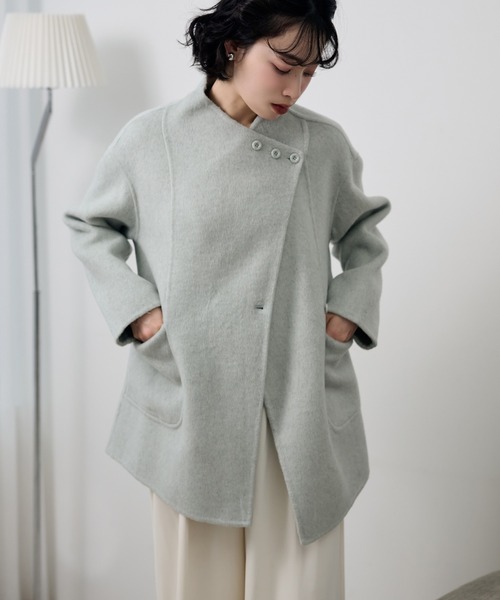 LAULEN(ローレン)の「pastel color cotton wool wrap belted coat /コットンウールラップベルト付きコート(ノーカラーコート・レディース・ベージュ/オートミール/ブルー・FREE)」の5枚目の写真