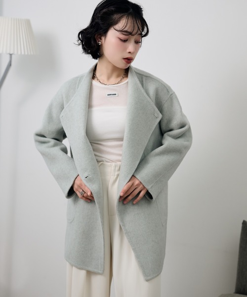LAULEN(ローレン)の「pastel color cotton wool wrap belted coat /コットンウールラップベルト付きコート(ノーカラーコート・レディース・ベージュ/オートミール/ブルー・FREE)」の6枚目の写真
