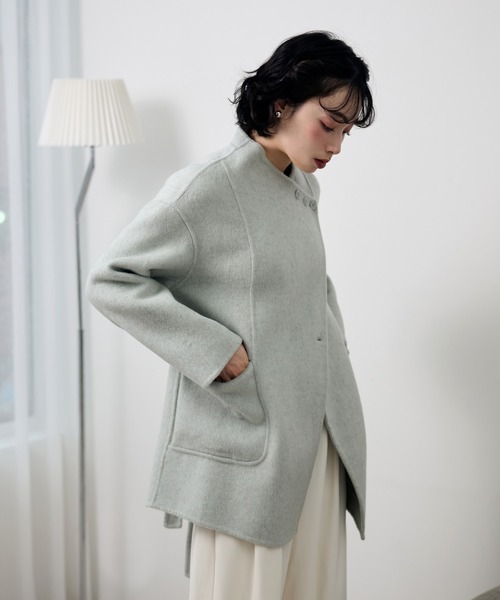 LAULEN(ローレン)の「pastel color cotton wool wrap belted coat /コットンウールラップベルト付きコート(ノーカラーコート・レディース・ベージュ/オートミール/ブルー・FREE)」の7枚目の写真