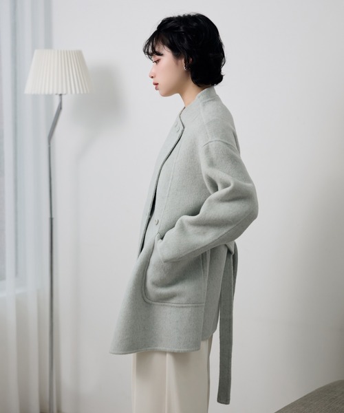 LAULEN(ローレン)の「pastel color cotton wool wrap belted coat /コットンウールラップベルト付きコート(ノーカラーコート・レディース・ベージュ/オートミール/ブルー・FREE)」の8枚目の写真