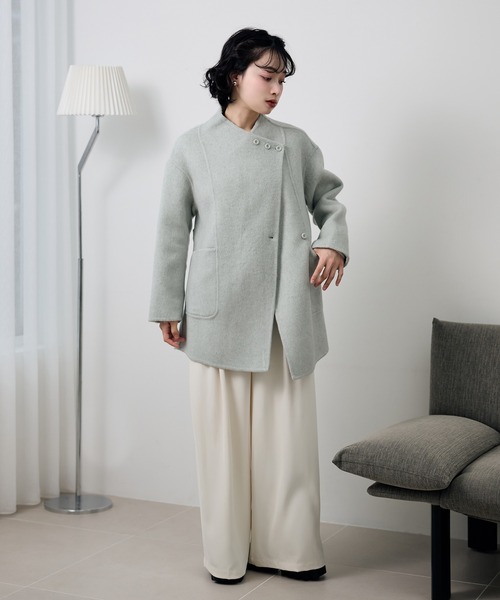 LAULEN(ローレン)の「pastel color cotton wool wrap belted coat /コットンウールラップベルト付きコート(ノーカラーコート・レディース・ベージュ/オートミール/ブルー・FREE)」の10枚目の写真