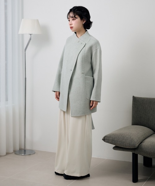 LAULEN(ローレン)の「pastel color cotton wool wrap belted coat /コットンウールラップベルト付きコート(ノーカラーコート・レディース・ベージュ/オートミール/ブルー・FREE)」の11枚目の写真