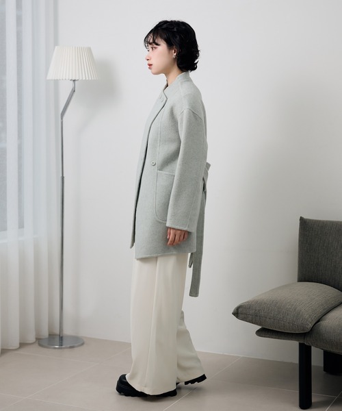 LAULEN(ローレン)の「pastel color cotton wool wrap belted coat /コットンウールラップベルト付きコート(ノーカラーコート・レディース・ベージュ/オートミール/ブルー・FREE)」の14枚目の写真