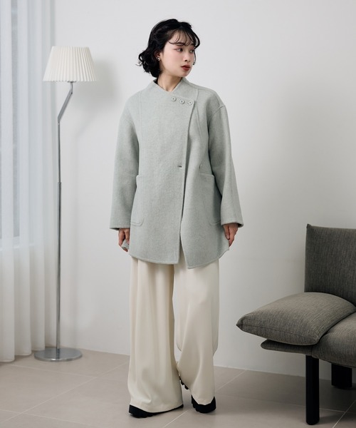 LAULEN(ローレン)の「pastel color cotton wool wrap belted coat /コットンウールラップベルト付きコート(ノーカラーコート・レディース・ベージュ/オートミール/ブルー・FREE)」の15枚目の写真