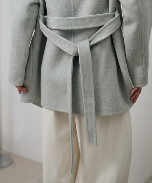 LAULEN(ローレン)の「pastel color cotton wool wrap belted coat /コットンウールラップベルト付きコート(ノーカラーコート・レディース・ベージュ/オートミール/ブルー・FREE)」の18枚目の写真