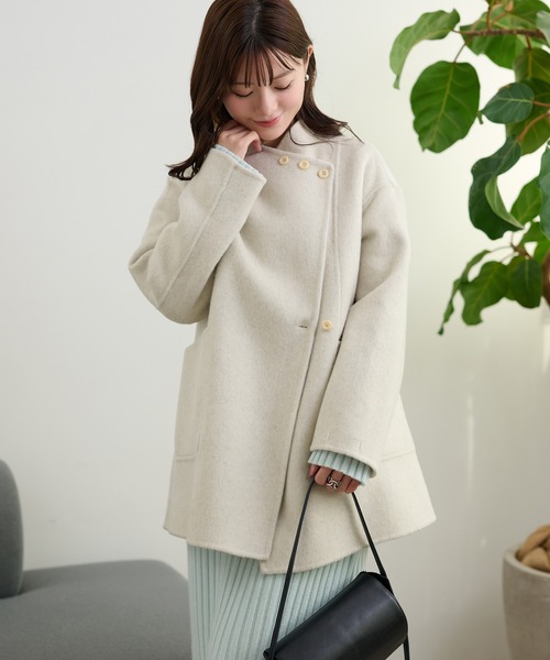 LAULEN(ローレン)の「pastel color cotton wool wrap belted coat /コットンウールラップベルト付きコート(ノーカラーコート・レディース・ベージュ/オートミール/ブルー・FREE)」の19枚目の写真