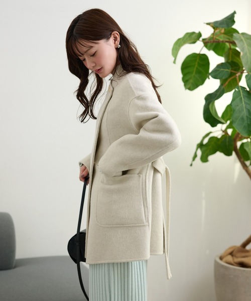 LAULEN(ローレン)の「pastel color cotton wool wrap belted coat /コットンウールラップベルト付きコート(ノーカラーコート・レディース・ベージュ/オートミール/ブルー・FREE)」の21枚目の写真