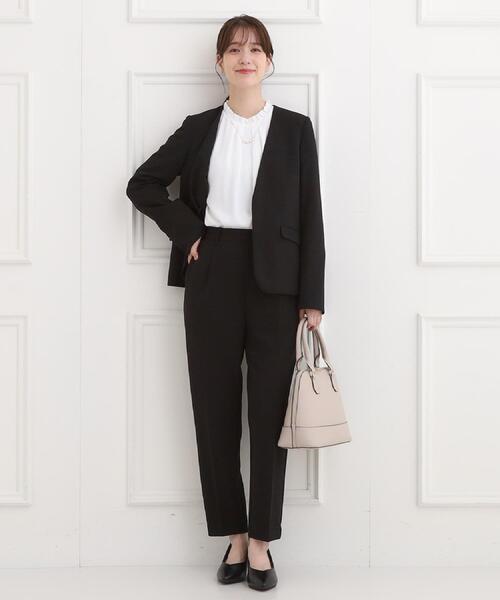 SHOO・LA・RUE（シューラルー）の「【洗濯機可/セットアップ可/S-3L】きちんと楽に。カットジョーゼットノーカラージャケット（ノーカラージャケット・レディース・ネイビー/ナチュラル/ブラック・01/02/03/04/05）」の7枚目の写真