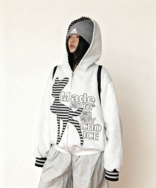 セール】「2025AW新作」フード付きジップパーカーアウター/ボーダー