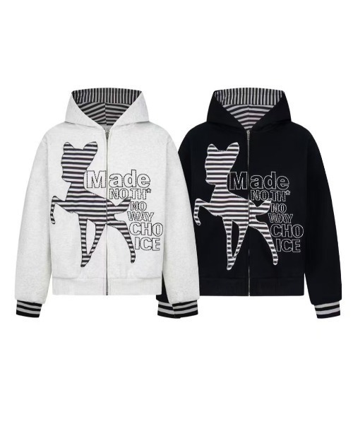 セール】「2025AW新作」フード付きジップパーカーアウター/ボーダー