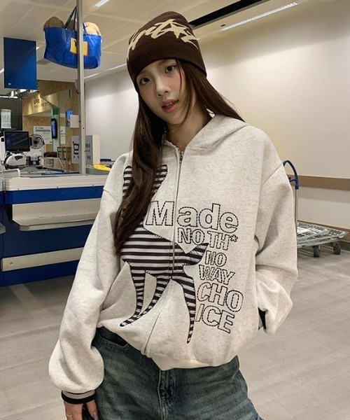 セール】「2025AW新作」フード付きジップパーカーアウター/ボーダー