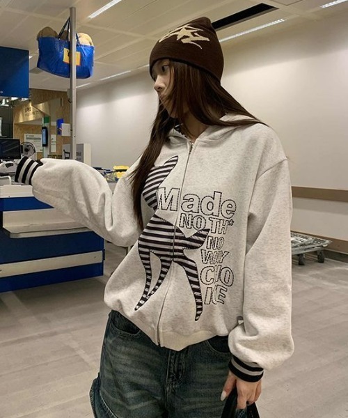 セール】「2025AW新作」フード付きジップパーカーアウター/ボーダー