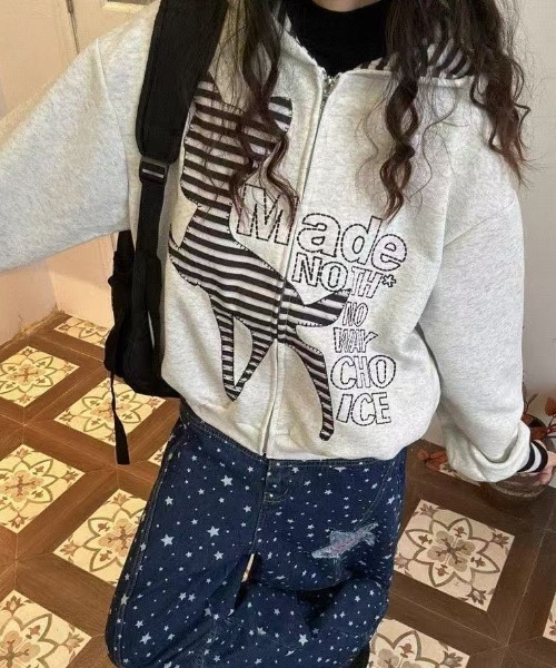 セール】「2025AW新作」フード付きジップパーカーアウター/ボーダー