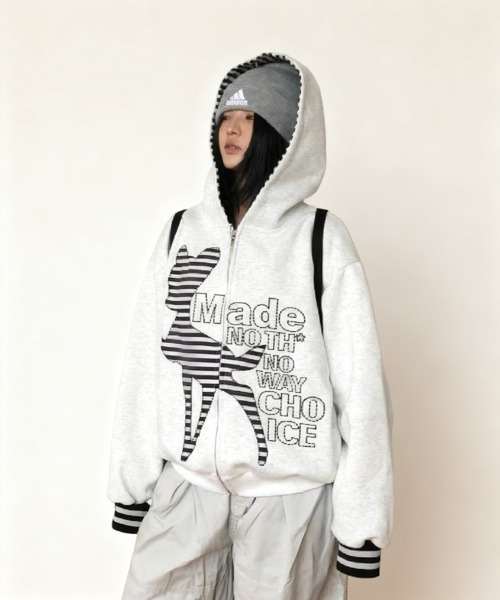 セール】「2025AW新作」フード付きジップパーカーアウター/ボーダー