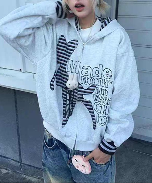 セール】「2025AW新作」フード付きジップパーカーアウター/ボーダー