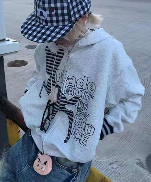 セール】「2025AW新作」フード付きジップパーカーアウター/ボーダー