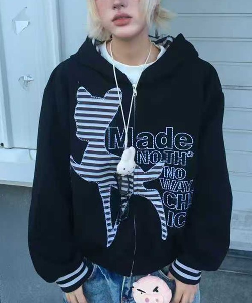 セール】「2025AW新作」フード付きジップパーカーアウター/ボーダー