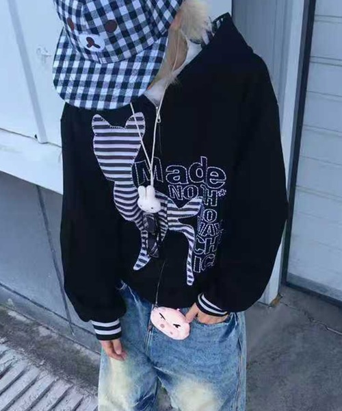 セール】「2025AW新作」フード付きジップパーカーアウター/ボーダー