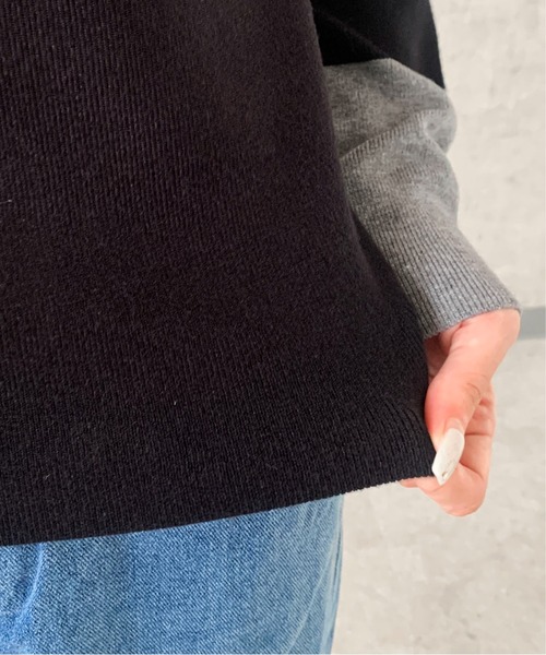 Maison Calme(メゾンカルム)の「配色スリーブタートルネックニットタイトトップス フェイクレイヤード 細見え 長袖(ニット/セーター・レディース・ベージュ/ブラック・M/L)」の8枚目の写真