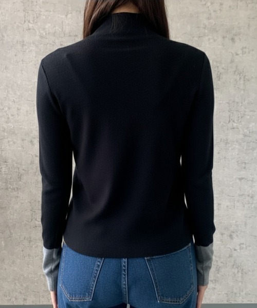Maison Calme(メゾンカルム)の「配色スリーブタートルネックニットタイトトップス フェイクレイヤード 細見え 長袖(ニット/セーター・レディース・ベージュ/ブラック・M/L)」の15枚目の写真