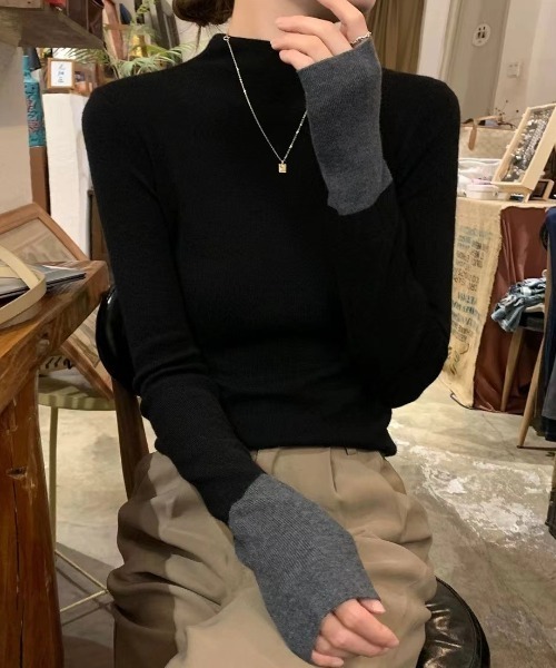 Maison Calme(メゾンカルム)の「配色スリーブタートルネックニットタイトトップス フェイクレイヤード 細見え 長袖(ニット/セーター・レディース・ベージュ/ブラック・M/L)」の13枚目の写真