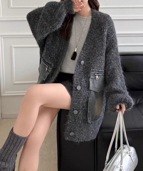 ★ 即購入歓迎  みぃ 様　44 デュベティカ黒♡グレージュ ラメ★XL 2XL セール】デニムビックポケットラメニットカーディガン（カーディガン