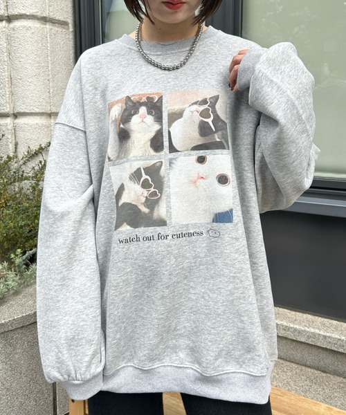 LAC-VERT（ラック・ヴェール）の「【選べる2種類】キャットプリントスウェットプルオーバー（スウェット・レディース・オートミール/ネイビー/ピンク/グレー系その他/その他/グレー・FREE）」の3枚目の写真