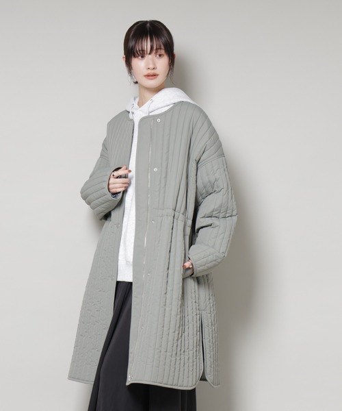 セール】撥水加工 中綿キルティングウエストドロストノーカラーコート