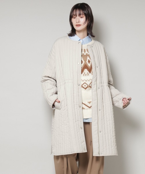 セール】撥水加工 中綿キルティングウエストドロストノーカラーコート