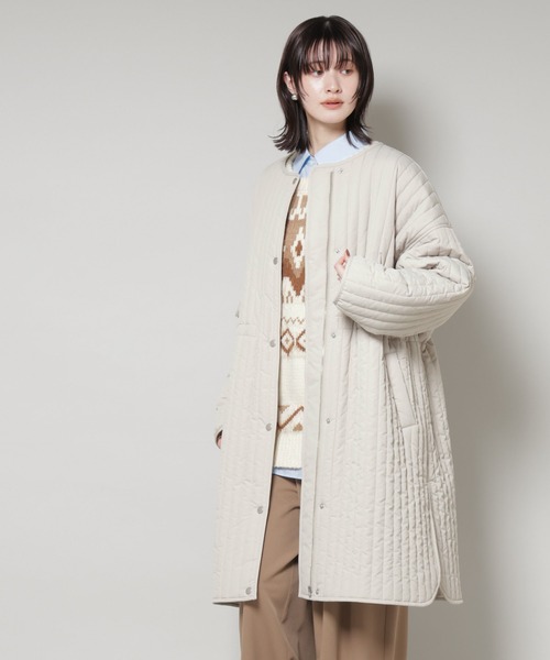 セール】撥水加工 中綿キルティングウエストドロストノーカラーコート