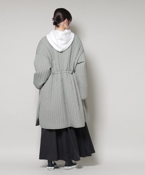 セール】撥水加工 中綿キルティングウエストドロストノーカラーコート
