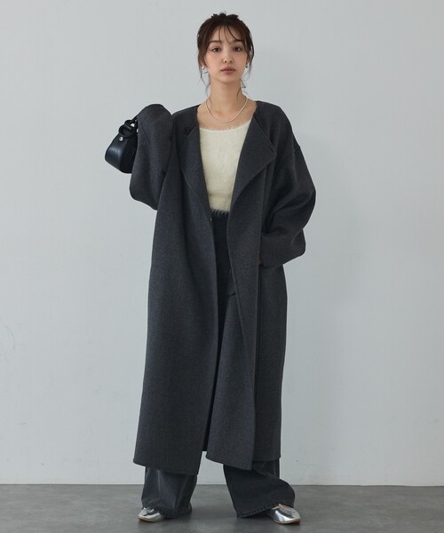 abahouse mavie（アバハウスマヴィ）の「【体型カバー】ノーカラーロングコート/冬服/長袖/フォーマル/セミオケ/ウール混（ノーカラーコート・レディース・チャコールグレー/ブラック・38/36）」の6枚目の写真