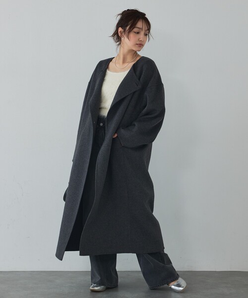 セール】【体型カバー】ノーカラーロングコート/冬服/長袖/フォーマル