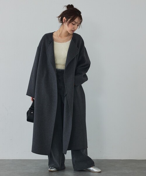 abahouse mavie（アバハウスマヴィ）の「【体型カバー】ノーカラーロングコート/冬服/長袖/フォーマル/セミオケ/ウール混（ノーカラーコート・レディース・チャコールグレー/ブラック・38/36）」の8枚目の写真