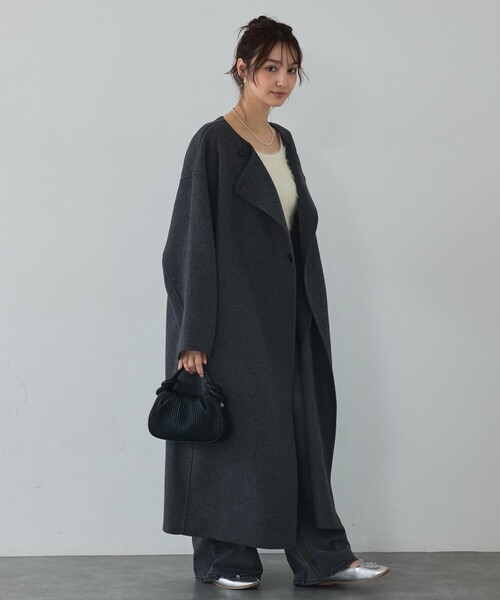 abahouse mavie（アバハウスマヴィ）の「【体型カバー】ノーカラーロングコート/冬服/長袖/フォーマル/セミオケ/ウール混（ノーカラーコート・レディース・チャコールグレー/ブラック・38/36）」の9枚目の写真