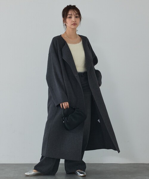 abahouse mavie（アバハウスマヴィ）の「【体型カバー】ノーカラーロングコート/冬服/長袖/フォーマル/セミオケ/ウール混（ノーカラーコート・レディース・チャコールグレー/ブラック・38/36）」の11枚目の写真