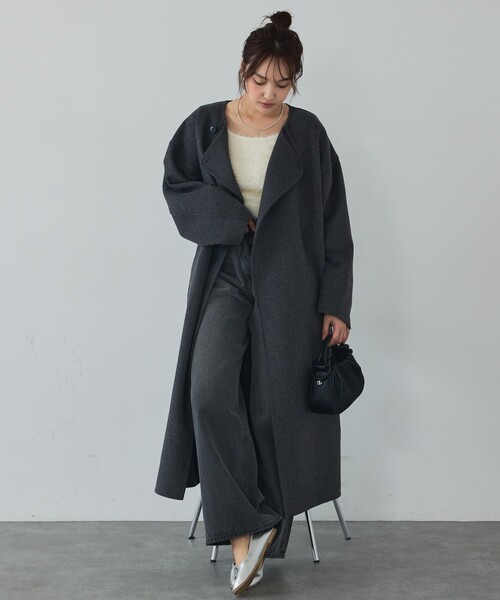 セール】【体型カバー】ノーカラーロングコート/冬服/長袖/フォーマル