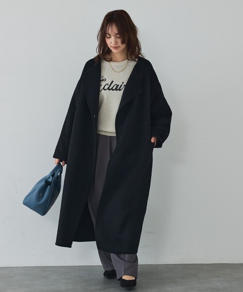 セール】【体型カバー】ノーカラーロングコート（ノーカラーコート