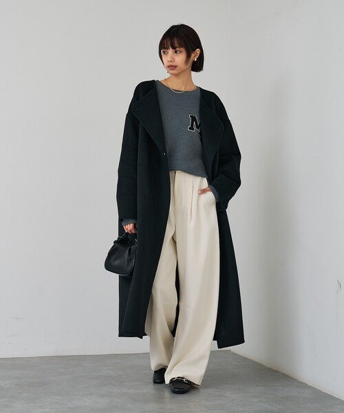 セール】【体型カバー】ノーカラーロングコート（ノーカラーコート